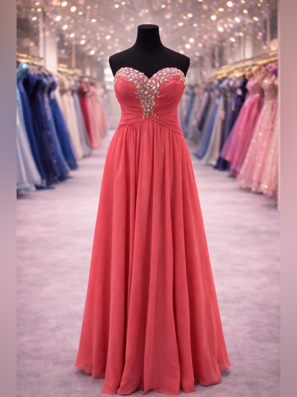 Strapless Coral Evening Gown with Embellished Sweetheart Bodice